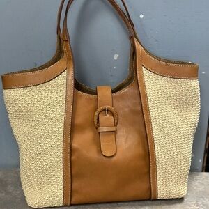 Cavalcanti Tan Leather & Cream Woven Tote Bag - Classic Women's Shoulder Bag